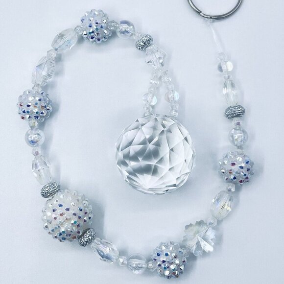 Beaded Suncatcher White & Clear Crystal Prism Hanging Patio Decor Yard Art - Picture 1 of 10